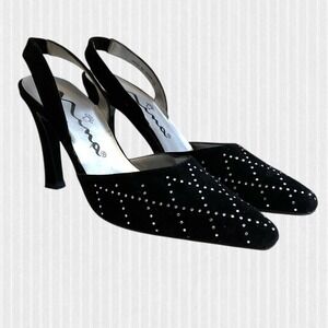 Touch Of Nina Heels Women's Size 7M Black Suede Sparkle Rhinestones Slingback's
